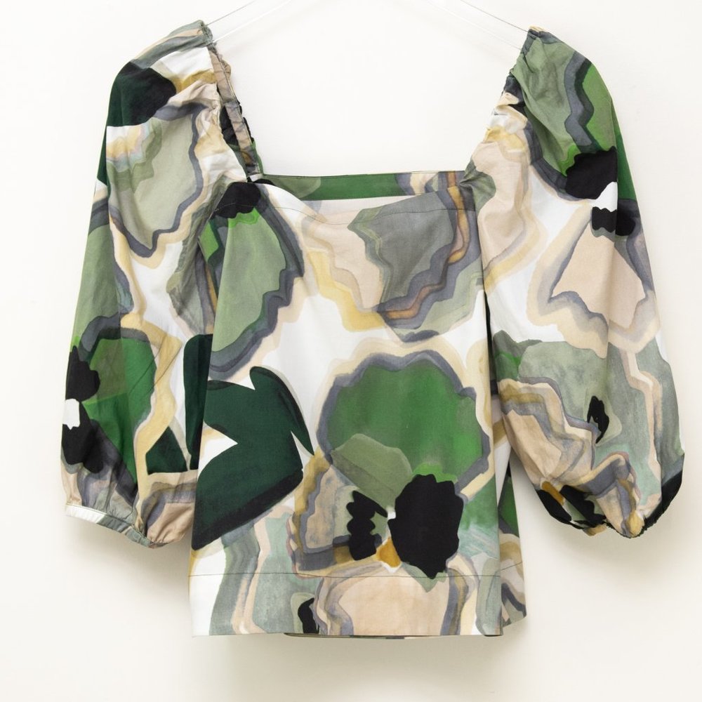 Marella Vaglio Blouse Balloon Sleeve Top Poplin Floral Abstract Shirt 40 New - Picture 3 of 7